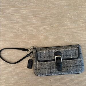 Coach Gray Plaid Wool Wristlet with Black Leather Trim